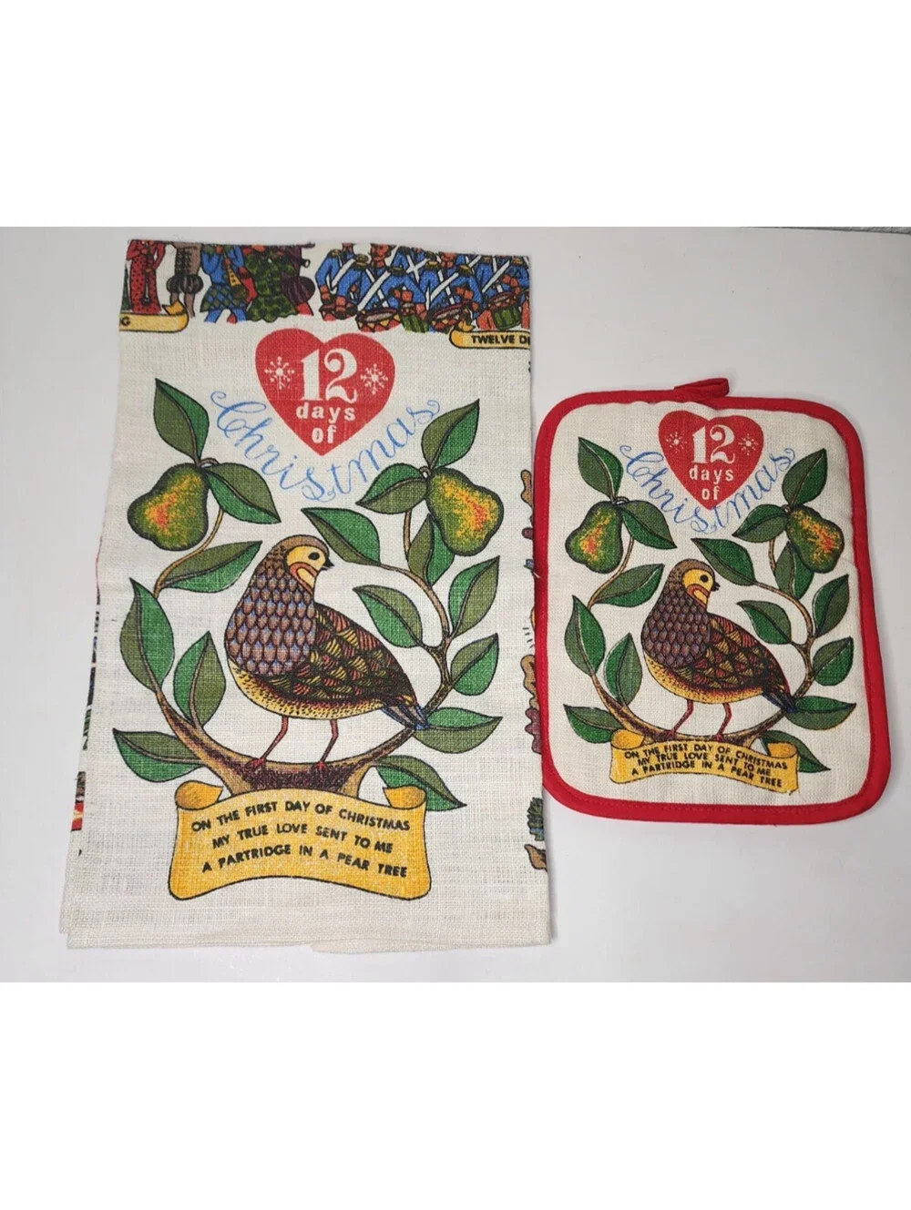 Vintage Tea and Pot Holder Linen Partridge In A Pear Tree 12 Days of Christmas